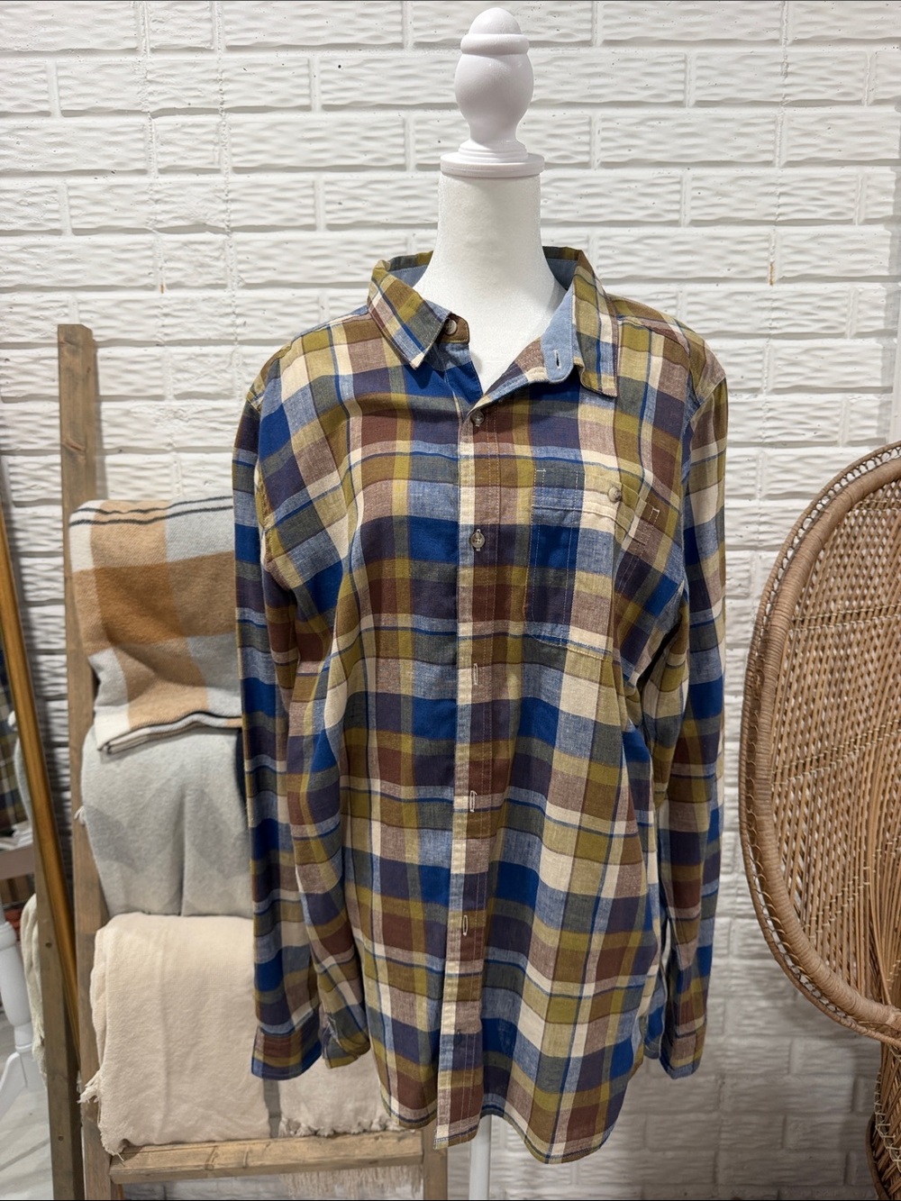 Toad&Co Plaid Button-Down Shirt in Blue, Brown & Cream